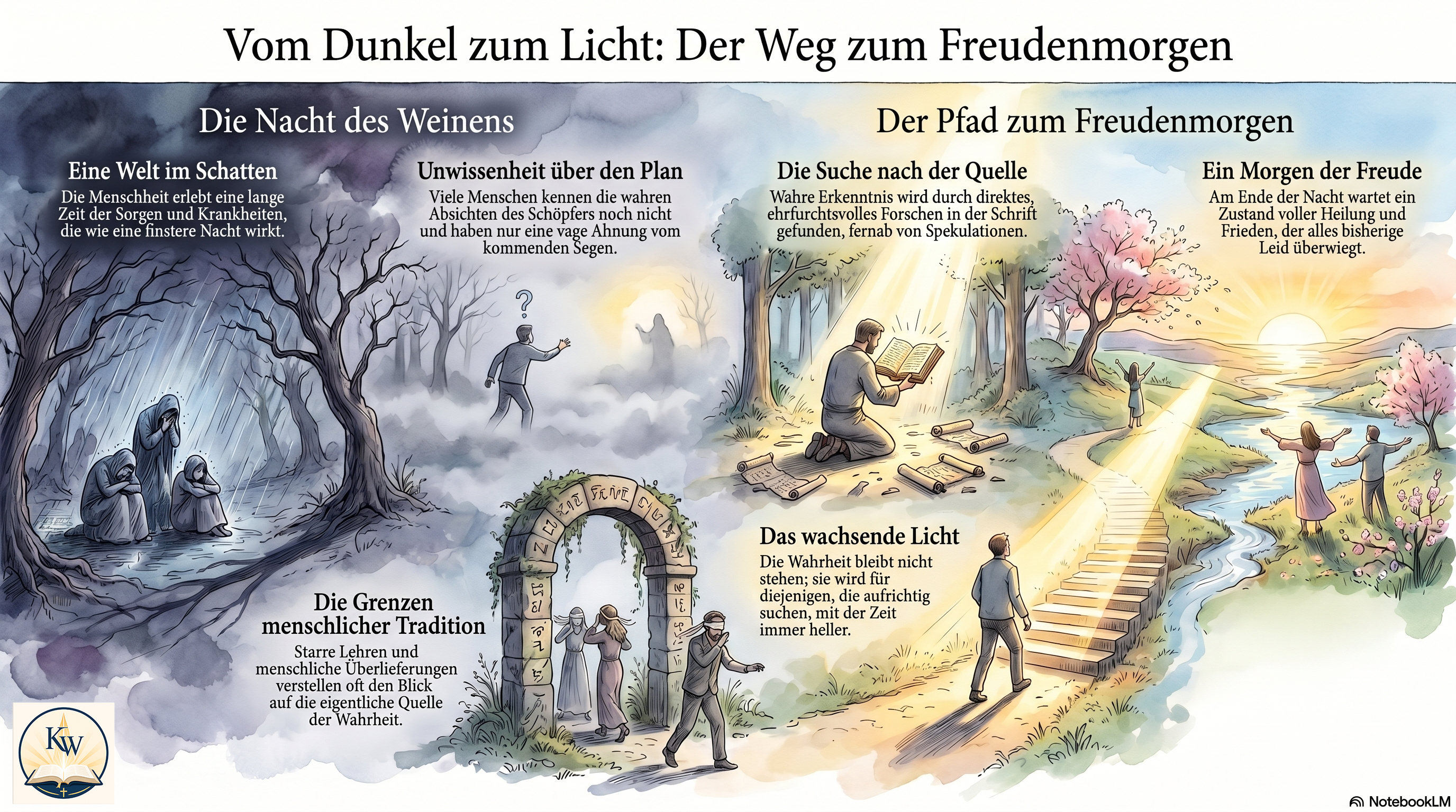 Infografik mit Nacht, Morgenlicht, Bibel und zunehmendem Pfad der Wahrheit als Bild für Gottes Plan.