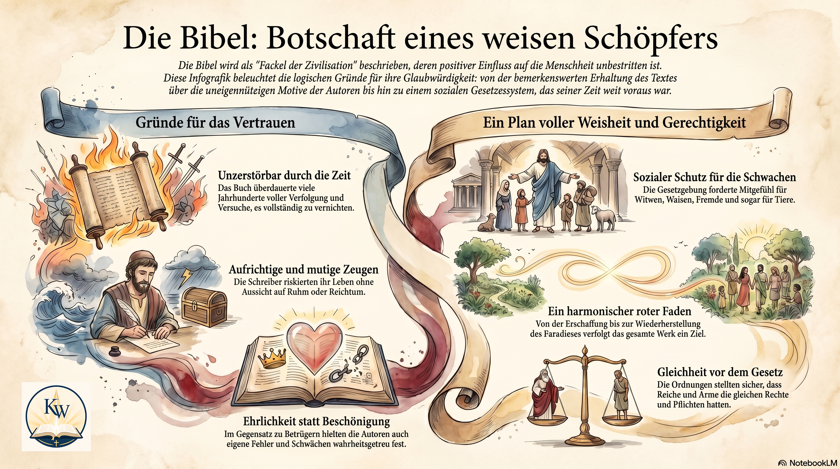 Infografik zur Bibel als Offenbarung mit Bibel, Zeitlinie, Propheten, Kreuz, Auferstehung und Wiederherstellung.