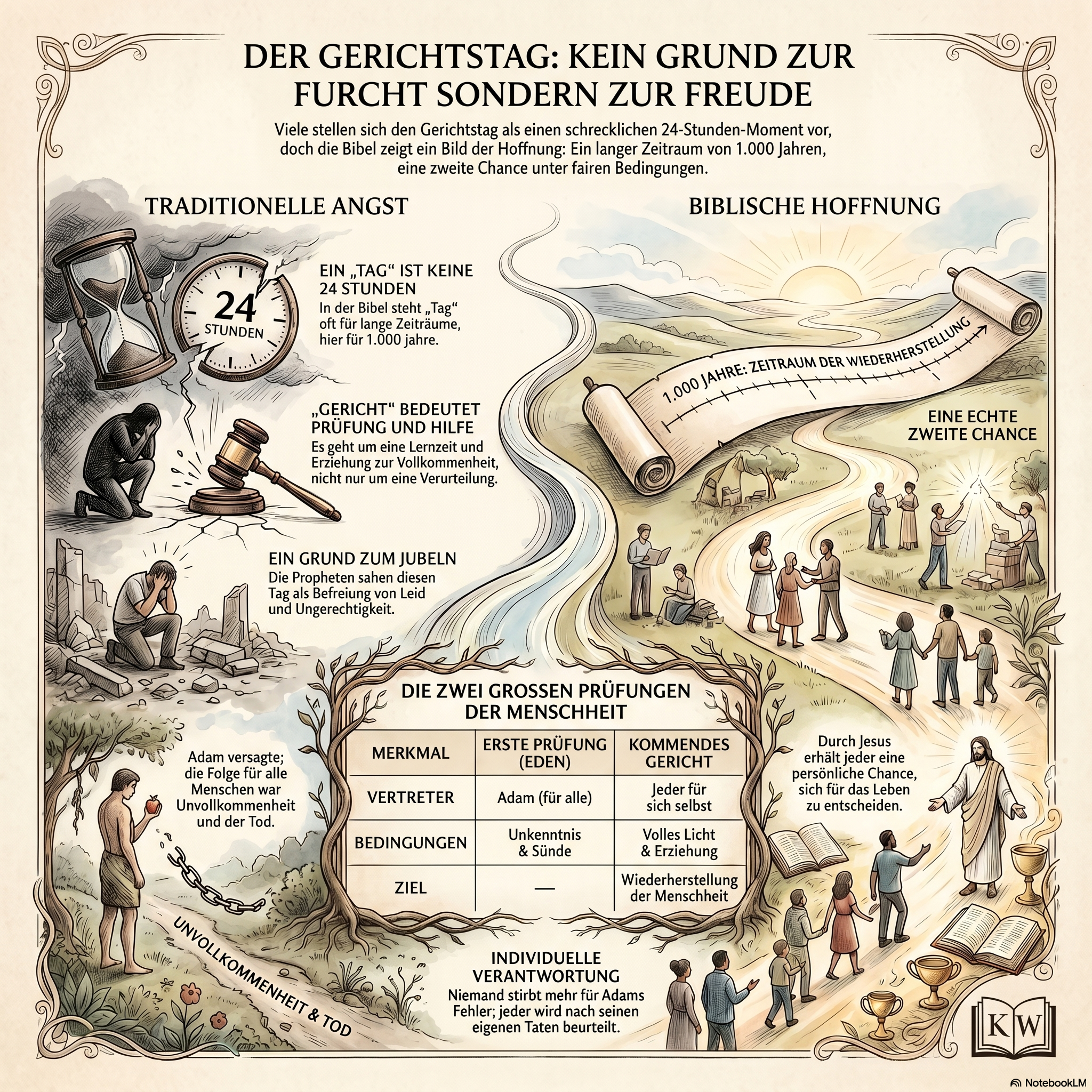 Infografik zum Tag des Gerichts mit Gericht, Christus als Richter, Auferstehung und Hoffnung auf Wiederherstellung.