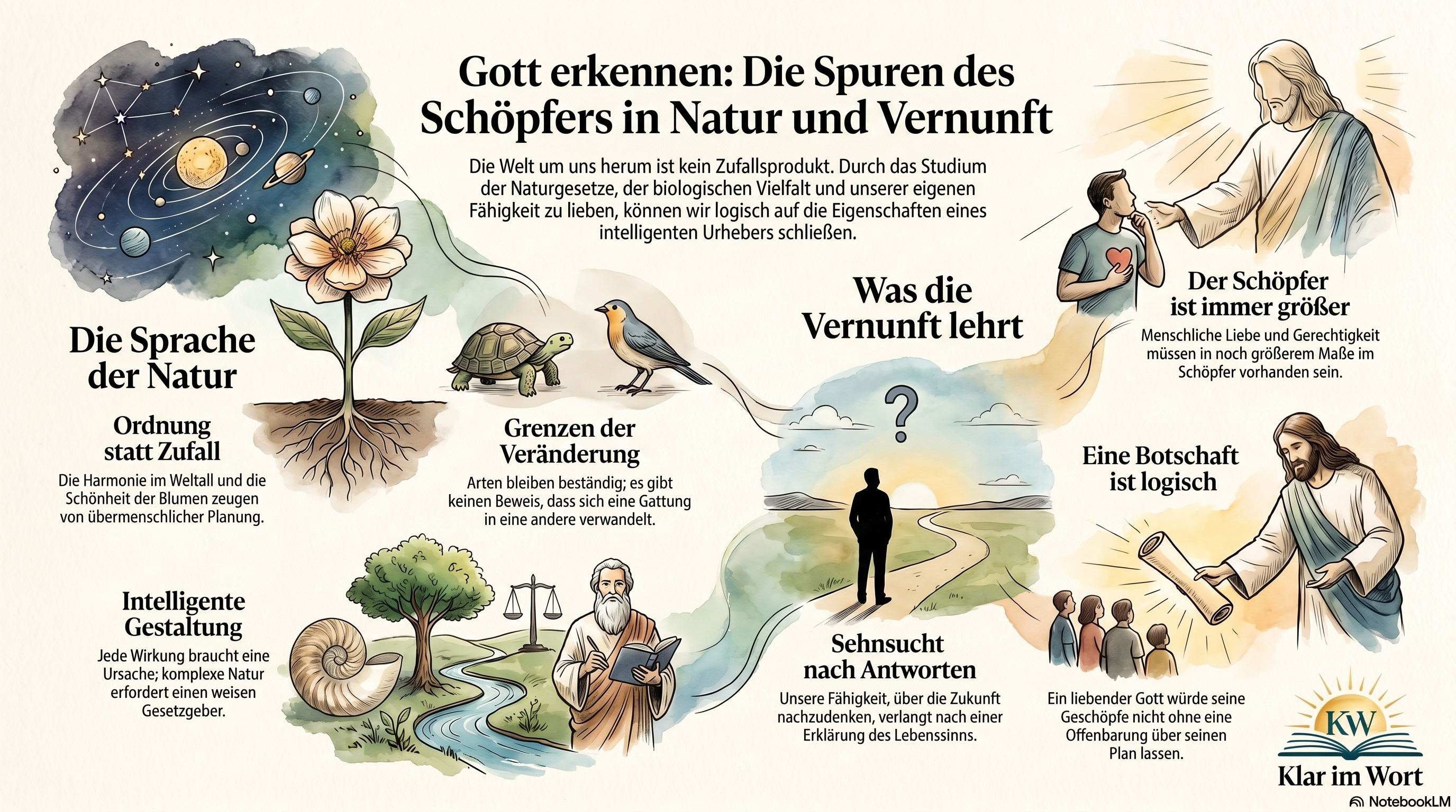 Infografik zu Glaube und Vernunft mit Schöpfung, Ordnung, menschlichem Bewusstsein und der Erwartung göttlicher Offenbarung.